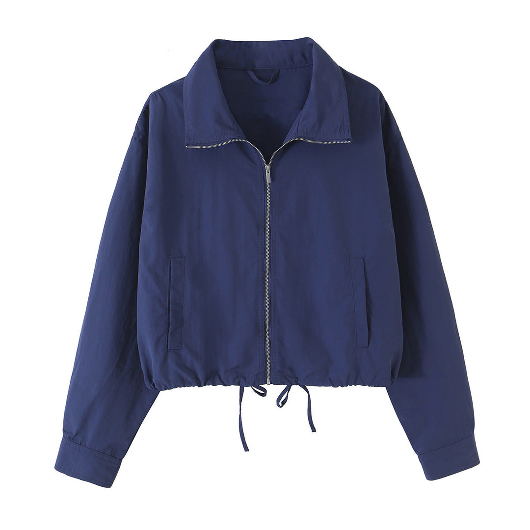 Dam Kort Övergångsjacka med Drawstring och Stå Krage