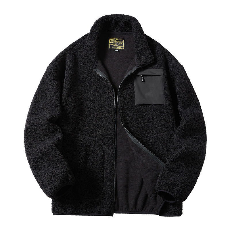 Herr Sherpa Fleece Jacka i Utility Stil med Dragkedja Bröstficka och Stående Krage
