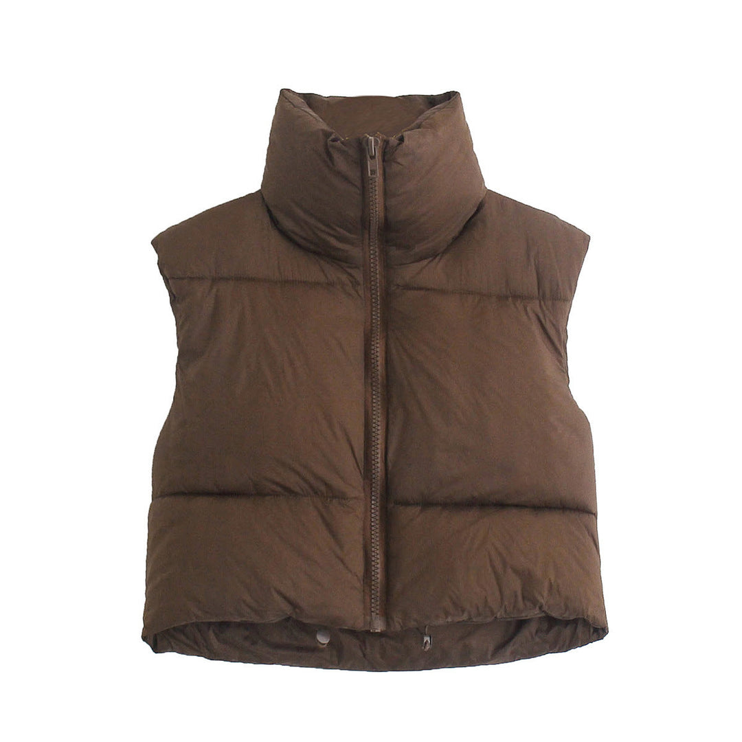 Dam Kort Quiltad Väst med Hög Stå Krage, Lätt Puffer Look och Justerbar Nederkant