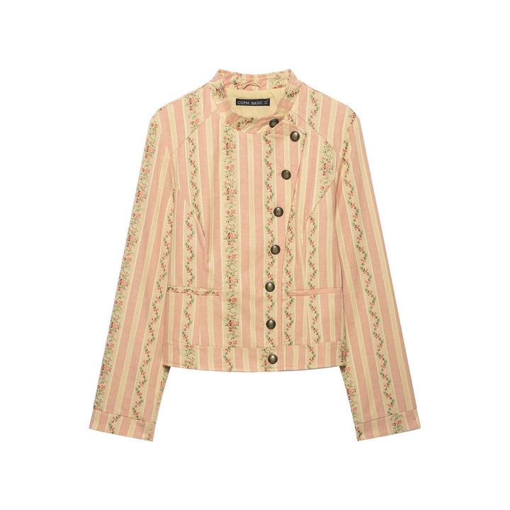 Dam Kort Blouson Jacka i Vintage Rand Mönster med Asymmetrisk Knapp Knäppning