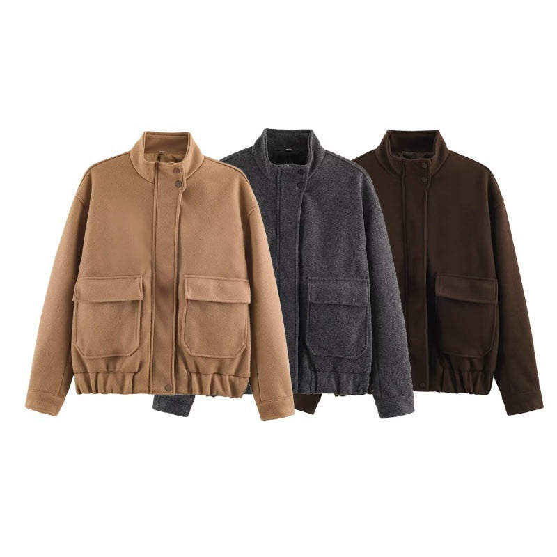 Dam Boxy ull Blouson med ståkrage, stor Flap fickor och Elastic fåll