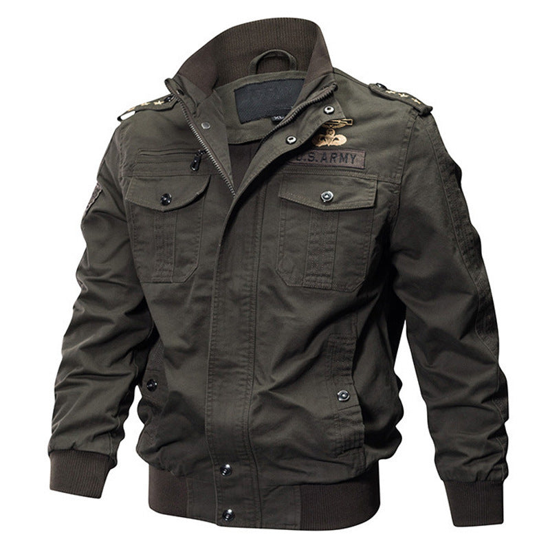 Herr Canvas Fältjacka i Militär Utility Stil med Axel Epaulettes och Ribbad Fåll