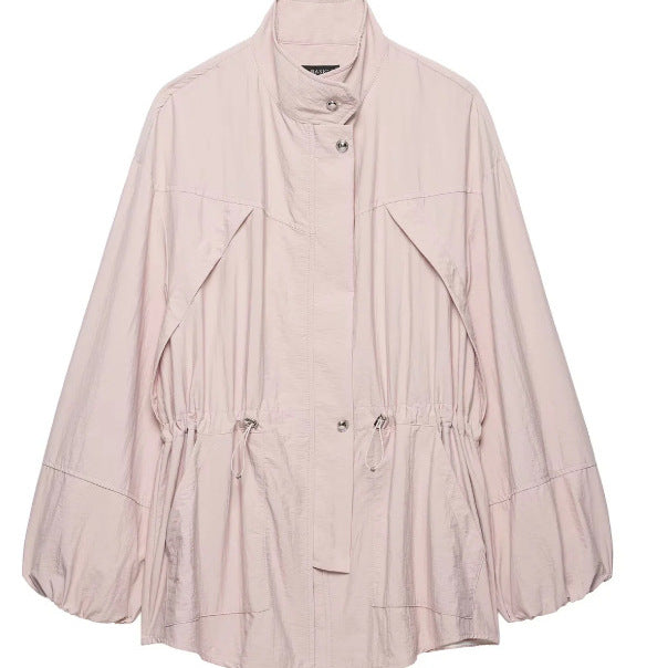 Dam Lätt Oversize Utilityjacka med Drawstring Waist, Stå Krage och Balloon Ärmar