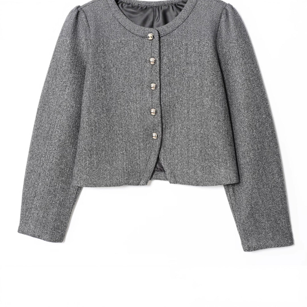 Dam Kort Boxig Ull Blend Jacka med Round Neck och Dekorativ Metal Knappar