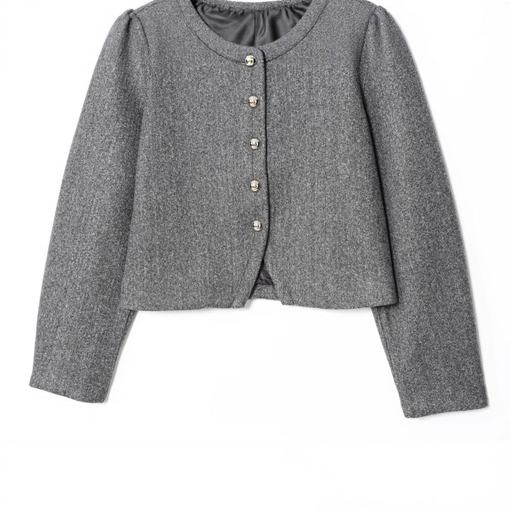 Dam Kort Boxig Ull Blend Jacka med Round Neck och Dekorativ Metal Knappar