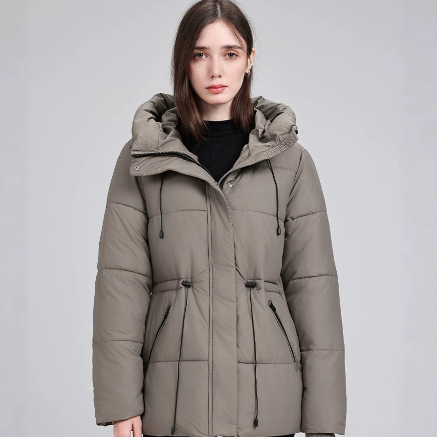 Dam vadderad Mid-Length Parka med huva, Drawstring Waist och dragkedja fickor