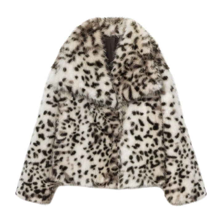 Dam Kort Jacka Gjord av Konstpäls i Snow Leopardmönster med Breda Slag