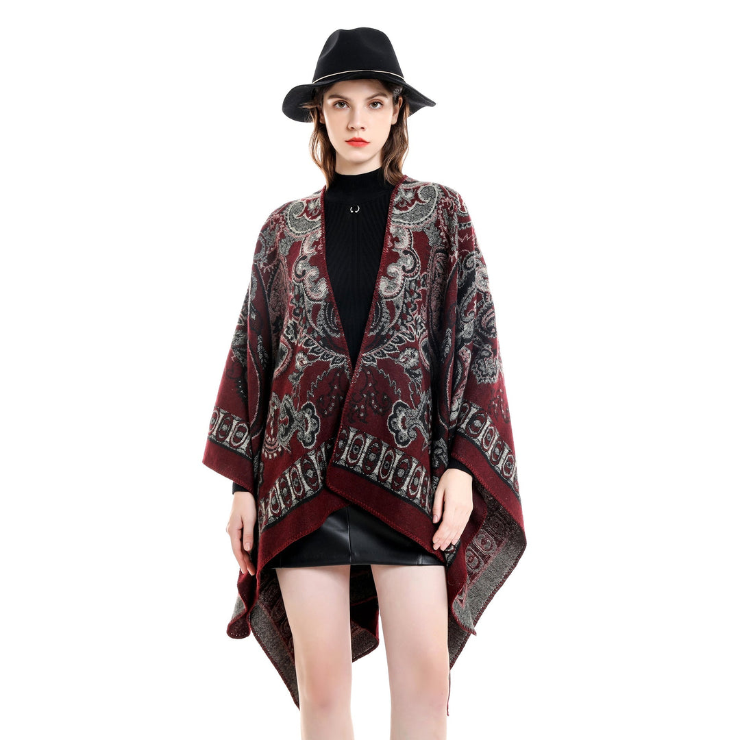 Dam jacquard-woven oversized ruana med ornamentation och open kimono fall drape
