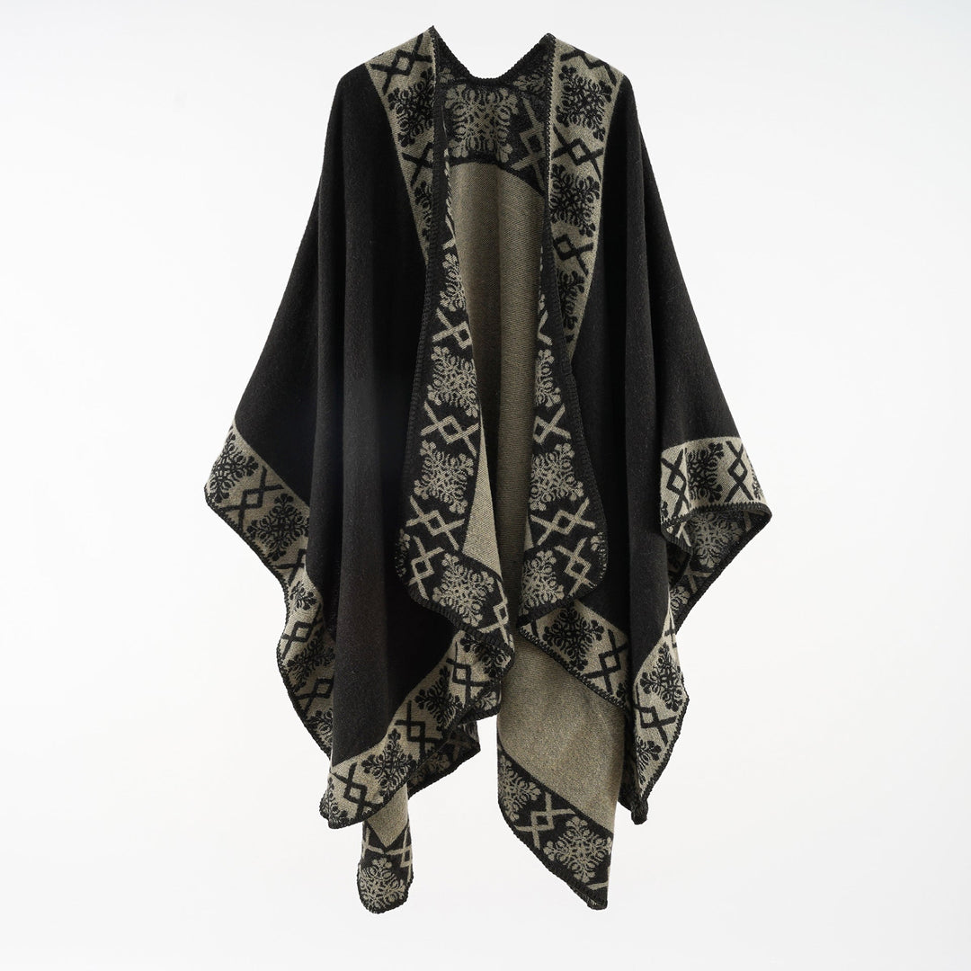 Dam oversized poncho cape tillverkad av ullblandning med woven border jacquard och decorative chain stitch