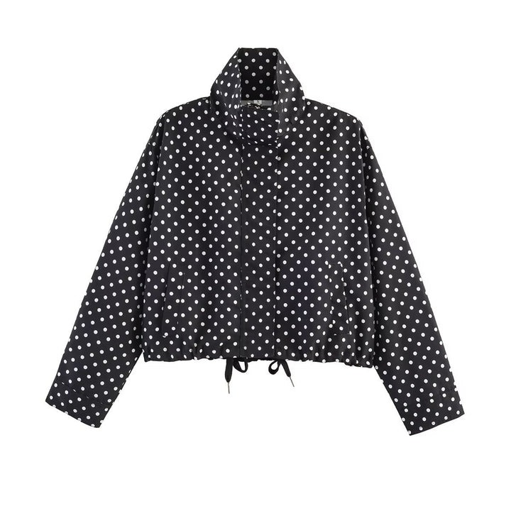 Dam Dotted Kort Jacka med Stå Krage, Dold Front Knäppning och Drawstring