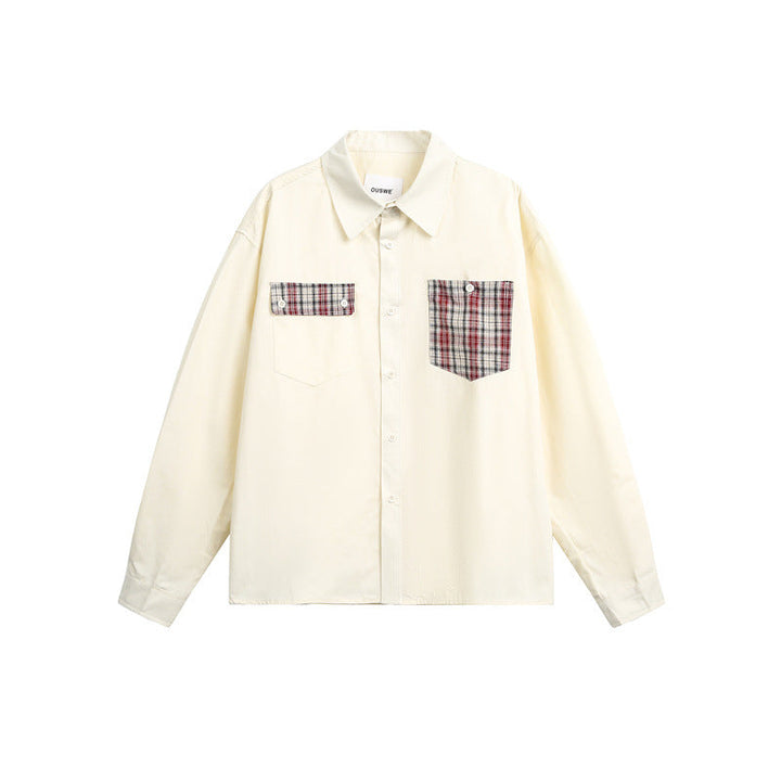 Unisex Locker Passform Bomull Skjorta Jacka med Asymmetrical Check Bröst Lockfickor