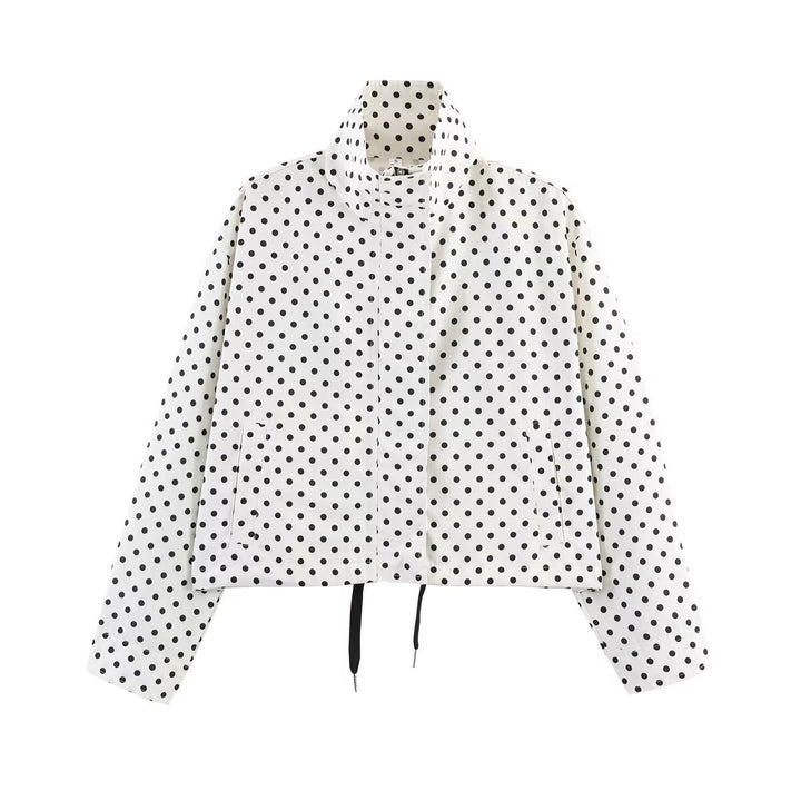 Dam Dotted Kort Jacka med Stå Krage, Dold Front Knäppning och Drawstring