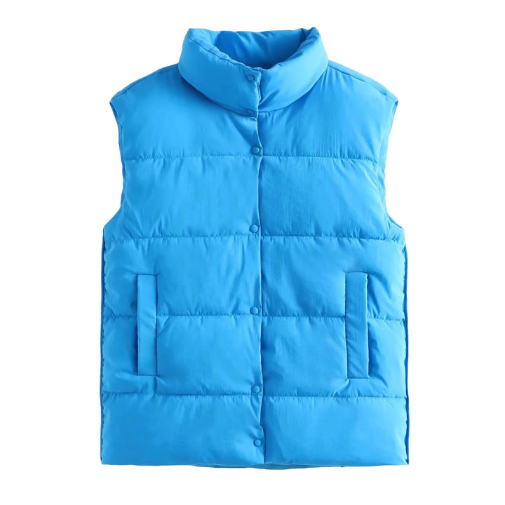 Dam sleeveless vadderad quiltad väst med high ståkrage och tryckknäppning