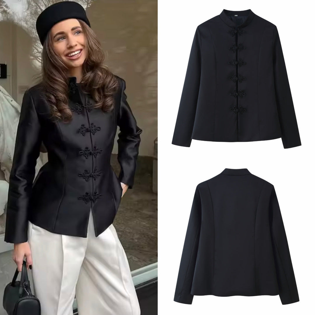 Dam 100+ Elegant Tailored Blouse Jacka med Mandarin Krage och Dekorativ Knot Closures