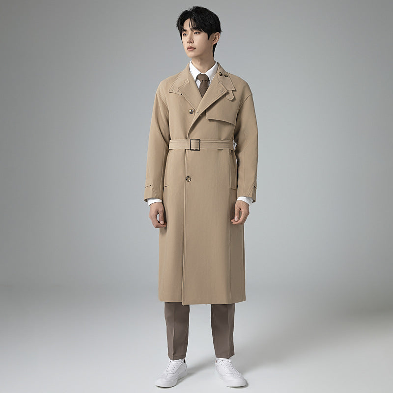 Herr Lång Modern Trench Kappa Tillverkad av Lätt Twill med Dold Knappslå och Midja Bälte