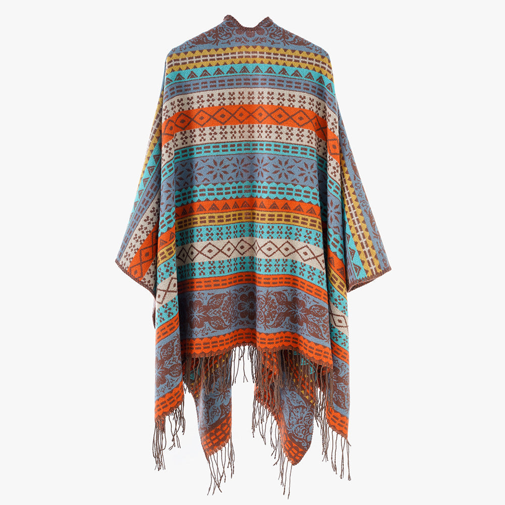 Dam Cape-poncho med multicolored Jacquard, öppen front och fransfåll