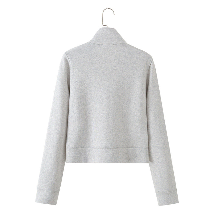 Dam Kort Skärning Sweat Jacka med Stå Krage och Dekorativ Piping