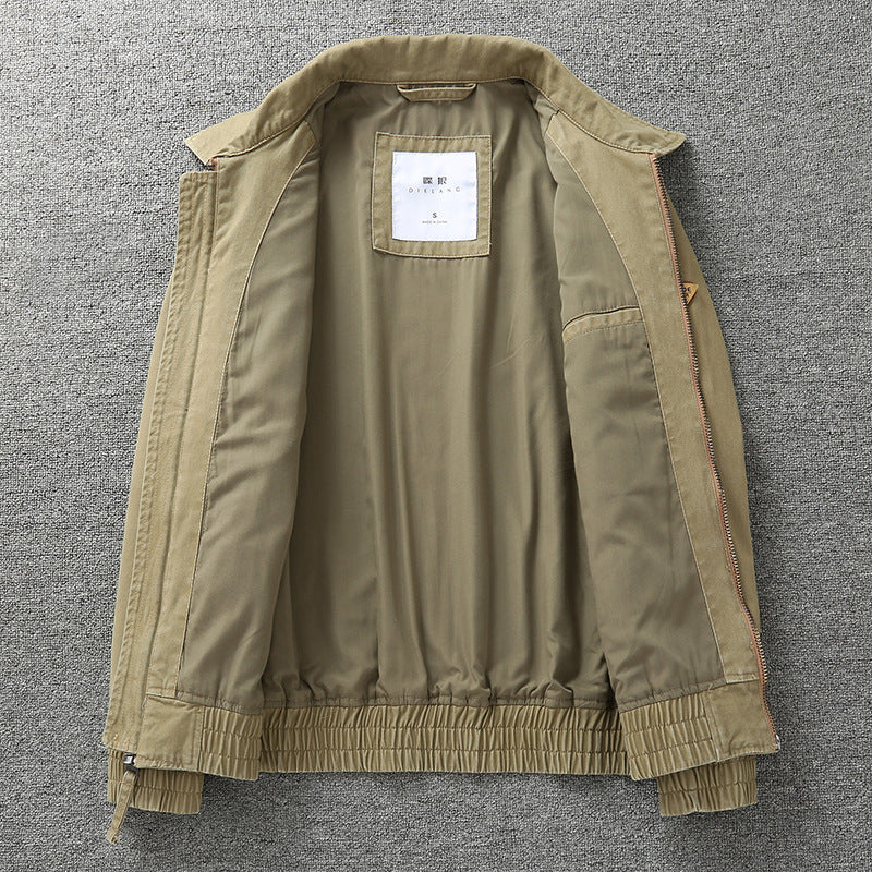 Herr Casual Canvas Fältjacka med Dragkedja och Elastisk Fåll