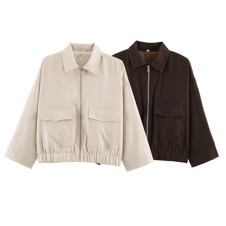 Dam Oversize Kort Jacka med Metal Dragkedja, Stora Lock Fickor och Elastic Nederkant