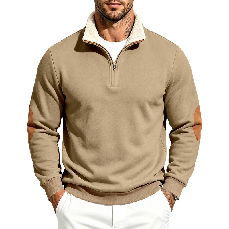 Herr Troyer Halv Dragkedja Pullover med Teddy Fleece Foder, Konstläder Elbow Lappar och Ståkrage