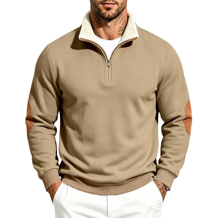 Herr Troyer Halv Dragkedja Pullover med Teddy Fleece Foder, Konstläder Elbow Lappar och Ståkrage