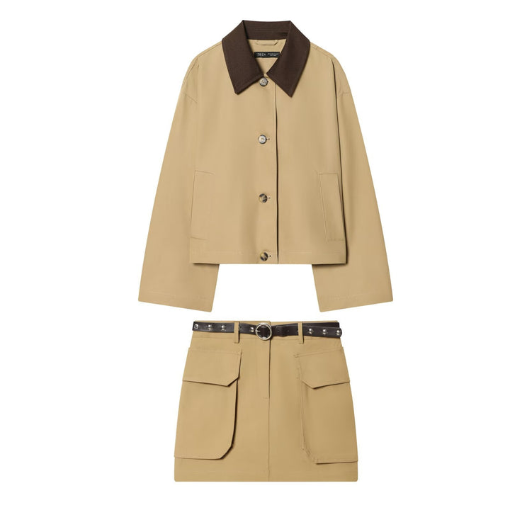 Dam Kort Oversize Harrington Jacka med Contrast Krage och Patch Fickor