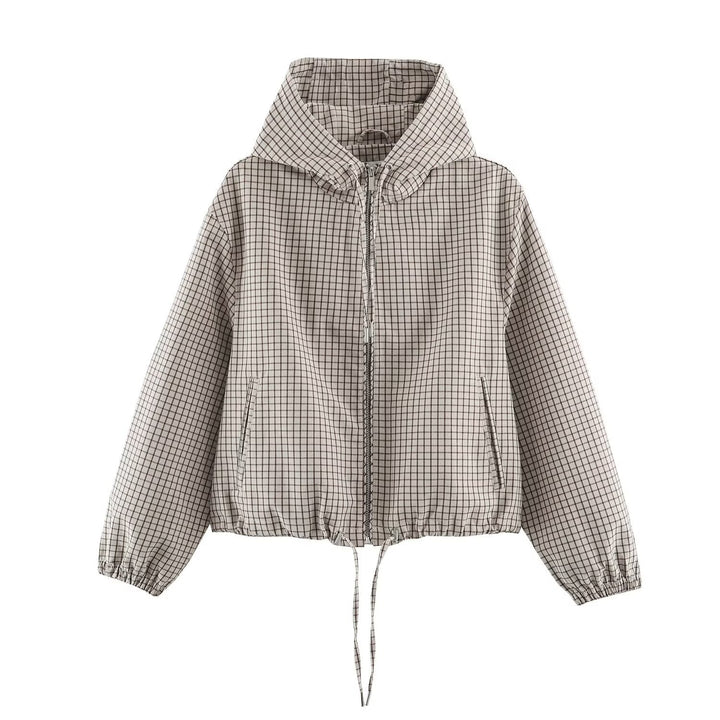 Dam Kort Rutig med Huva Blouson med Drawstring, Dragkedja och Elastic Muddar