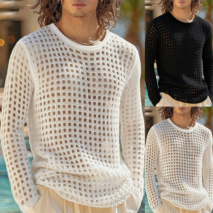 Herr Airy Openwork Stickad Tröja med Square Mesh Mönster och Crew Neck