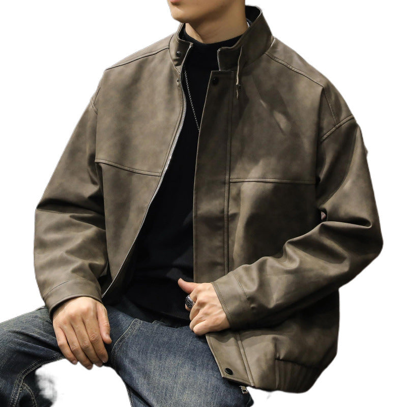 Herr Boxy Leather-Look Blouson med Dold Dragkedja Knapplist, Ståkrage, och Elastisk Waistband