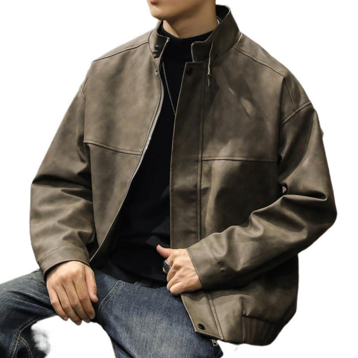 Herr Boxy Leather-Look Blouson med Dold Dragkedja Knapplist, Ståkrage, och Elastisk Waistband