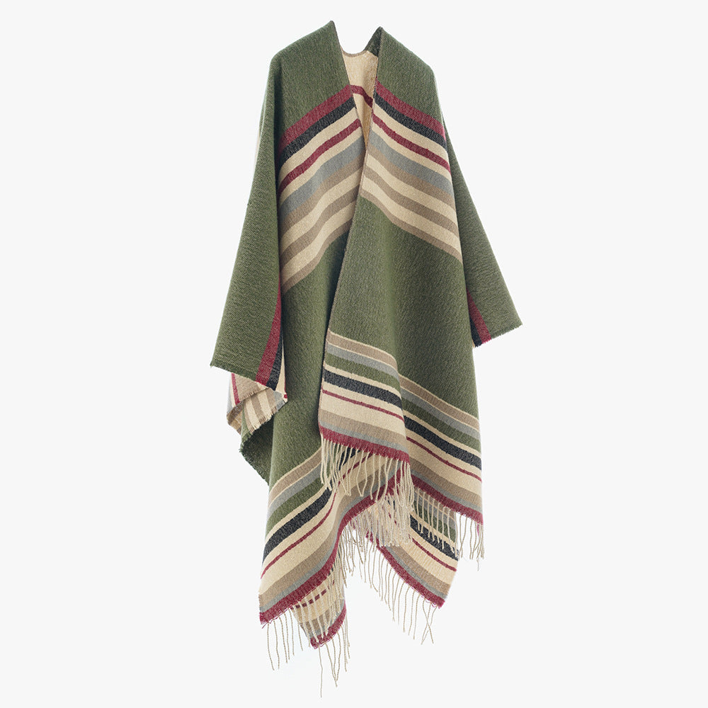 Dam Oversize Blanket poncho tillverkad av ullblandning med randig kant och Fringes