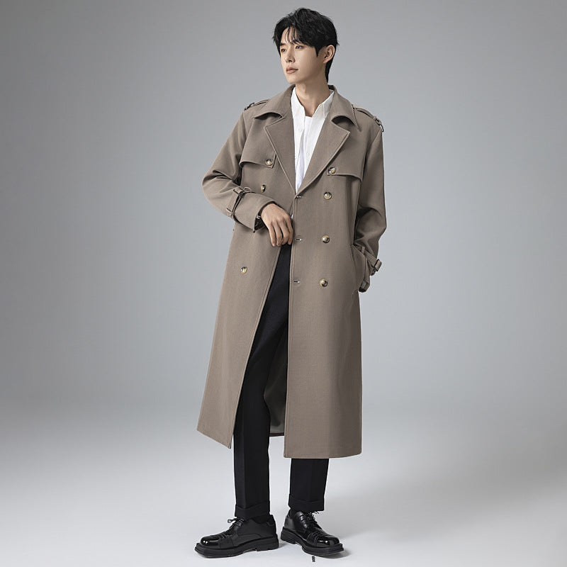 Herr Modern Maxi Lång Double-Breasted Trench Kappa med Klassisk Slag och Justerbar Muddar
