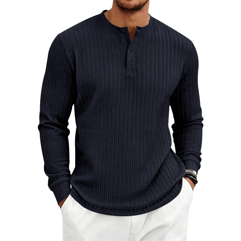 Herr Fin Stickad Henley med Ståkrage och Cable Mönster