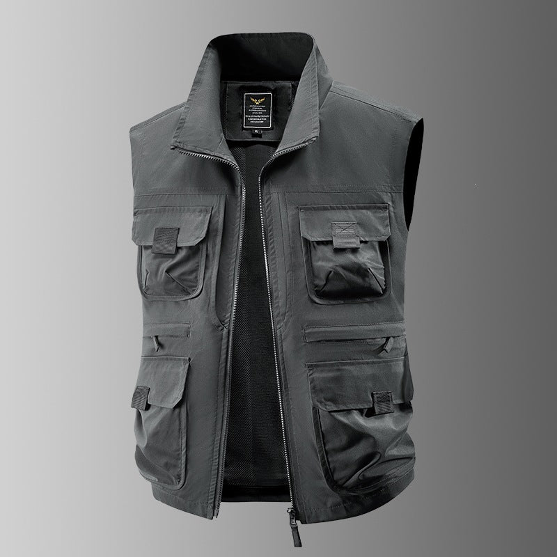 Herr Multi-Pocket Utility Väst med Hög Krage, Dragkedja och Mesh Foder