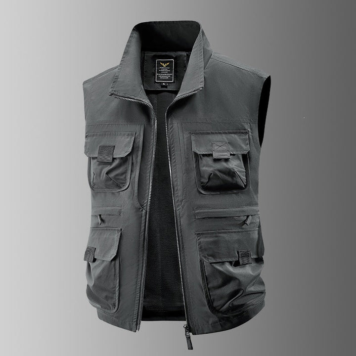 Herr Multi-Pocket Utility Väst med Hög Krage, Dragkedja och Mesh Foder