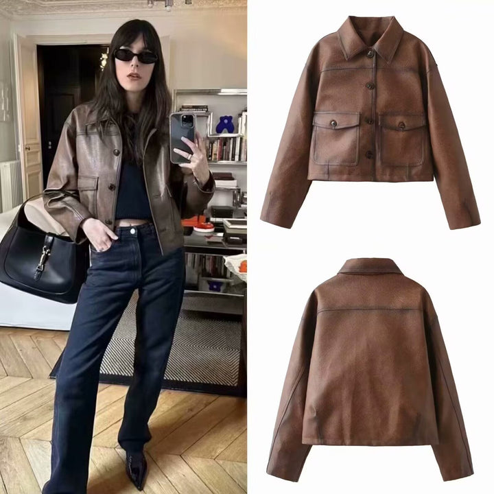 Dam kort jacka gjord vegan läderlook in boxy worker stil