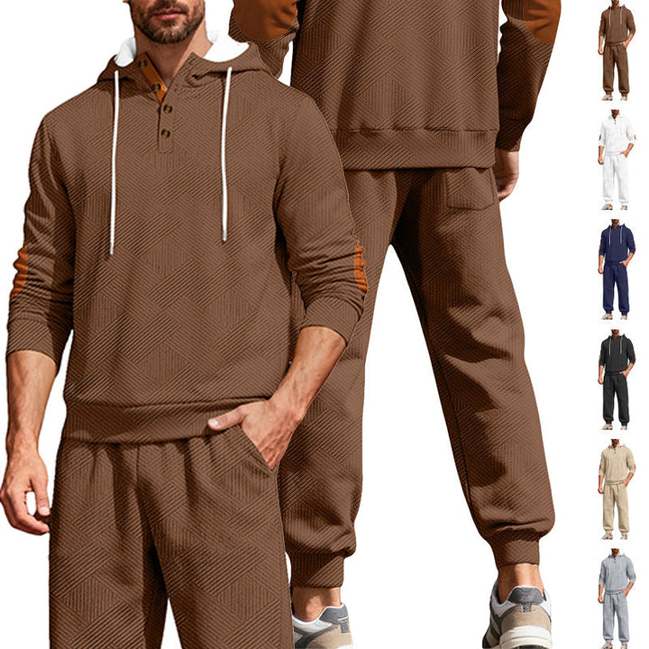 Herr Textured Luvtröja Jogging Set med Henley Knapplist och Contrast Elbow Lappar