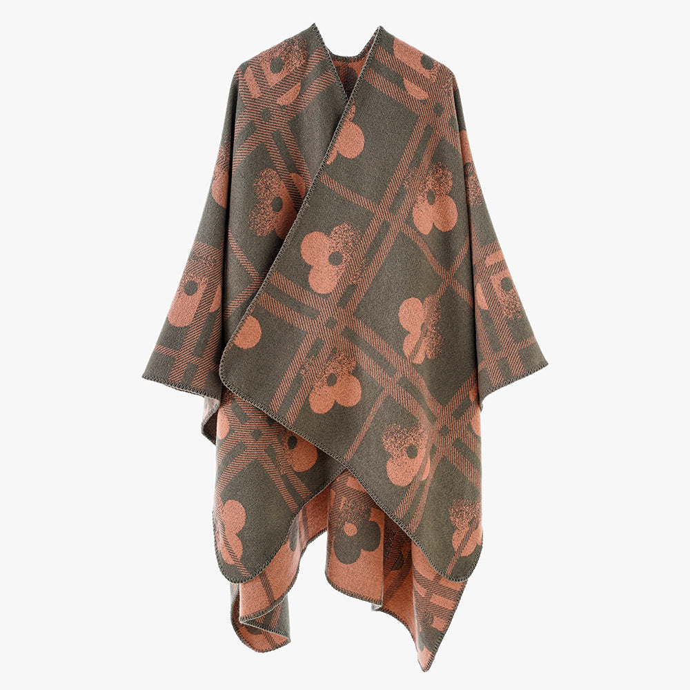 Dam Reversible Jacquard poncho tillverkad av ullblandning med floral check mönster och decorative piping seam
