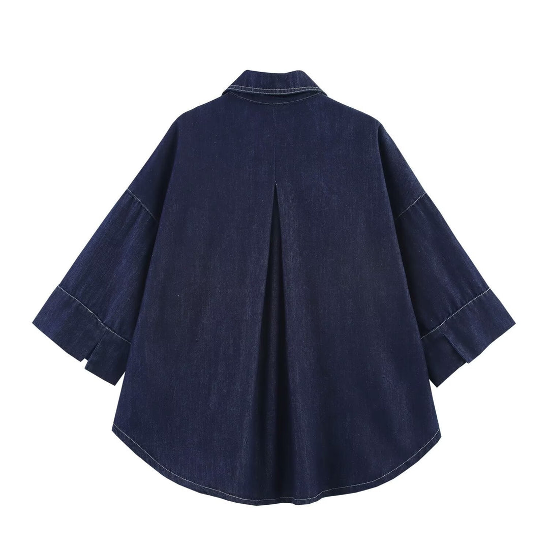 Dam Oversized Denim Skjorta Jacka med Three-Quarter Ärmar och Hög-Low Fåll