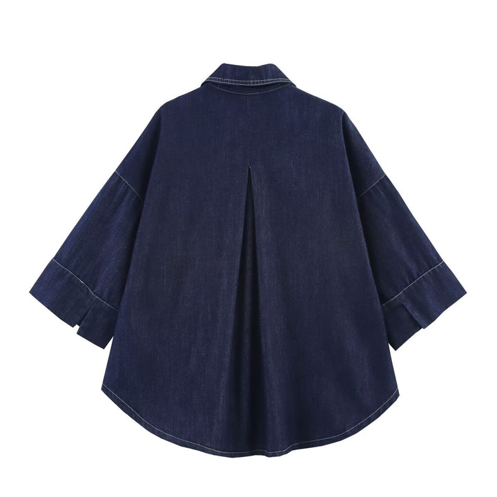 Dam Oversized Denim Skjorta Jacka med Three-Quarter Ärmar och Hög-Low Fåll