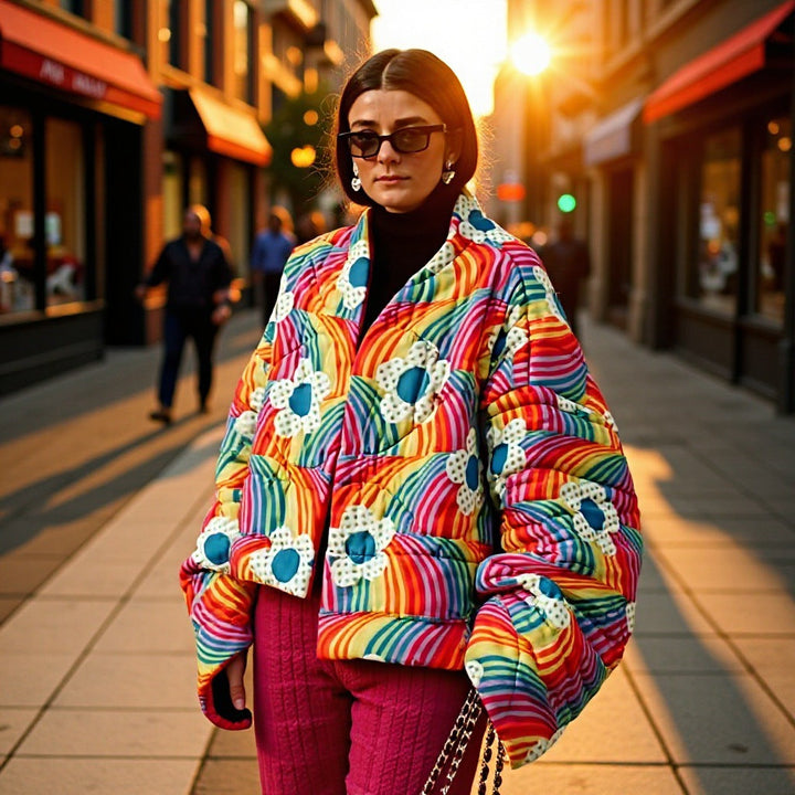 Dam kort oversize vadderad jacka med Colorful Rainbow Stripes och Flower Application