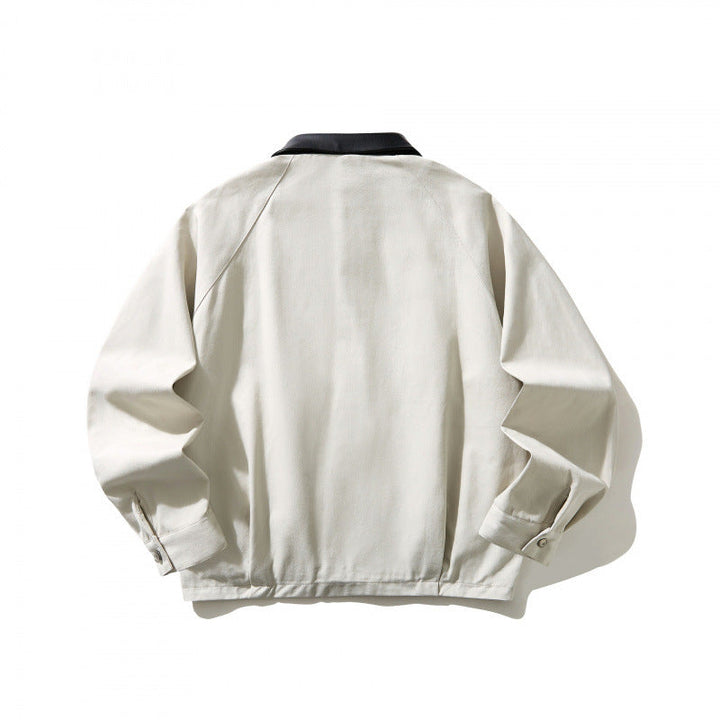 Herr short-cut canvas jacka med imitation läder krage och elastisk fåll