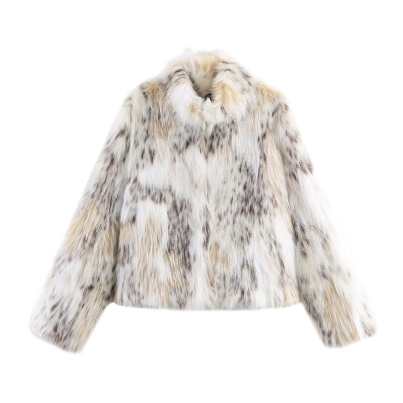 Dam kort skärning Faux Fur jacka med Stand krage och Voluminous Faux Fur