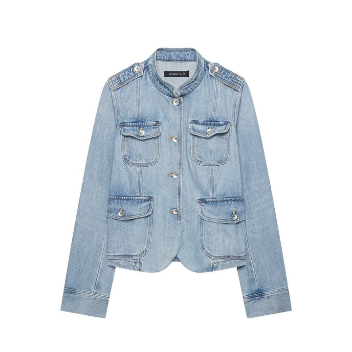 Dam Boxig Denimjacka i Safari Look med Stå Krage och Four Patch Fickor
