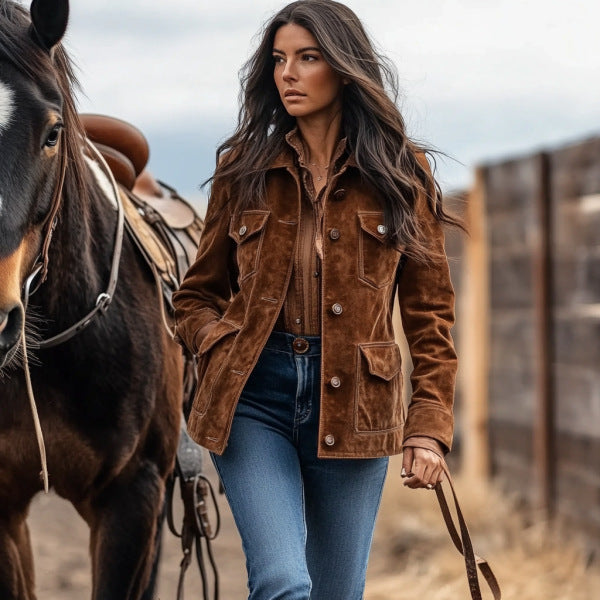 Dam mocka jacka in Western stil med knappslå och flap fickor