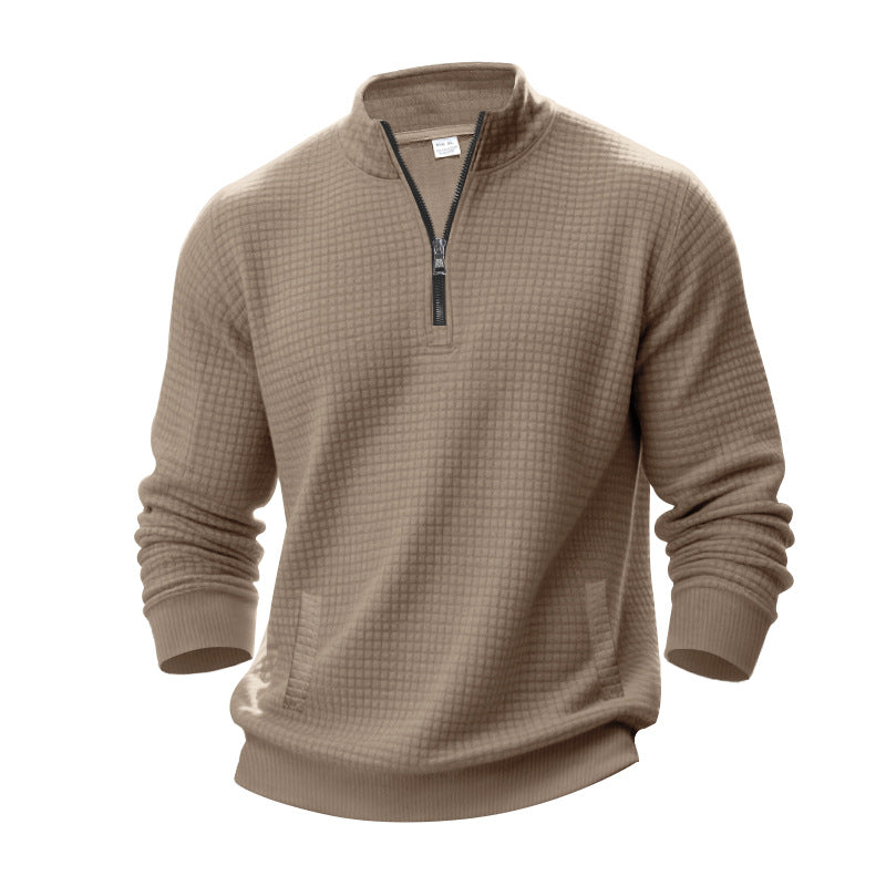 Herr Waffle Texture Halv Dragkedja Pullover med Ståkrage och Subtle Sidofickor