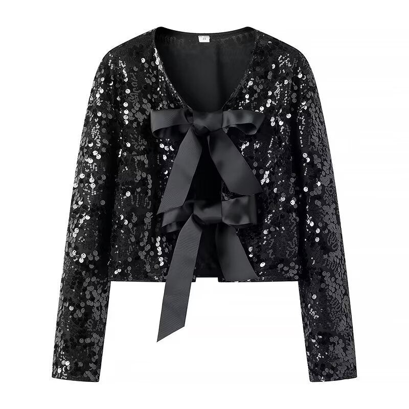 Dam kort skärning Sequin Bolero jacka med Triple Satin Bows och Lined Interior