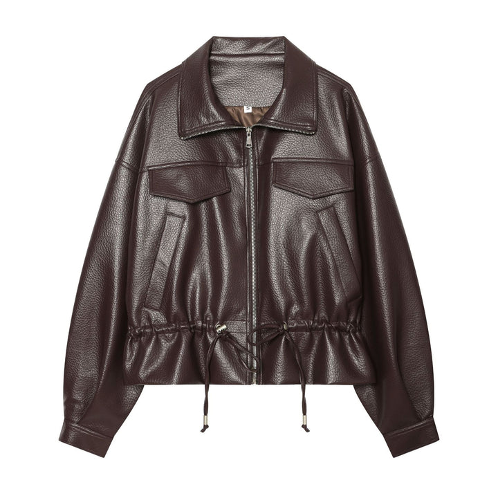Dam Kort Läder-Look Blouson med Drawstring Waist