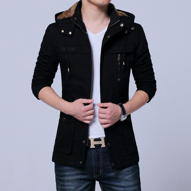 Herr Canvas Parka med Fodrad Huva, Multifunctional Fickor och Dold Dragkedja