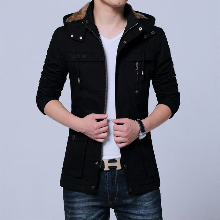 Herr Canvas Parka med Fodrad Huva, Multifunctional Fickor och Dold Dragkedja